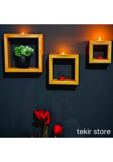 İç İçe Geçmeli 3'lü Duvara Asılabilir Mumluk Meşe Rengi