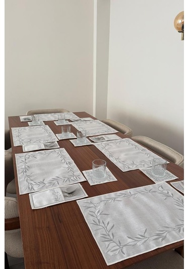 Nazlım Keten Nakışlı Amerikan Servis Takımı 19 Parça Silver Gümüş