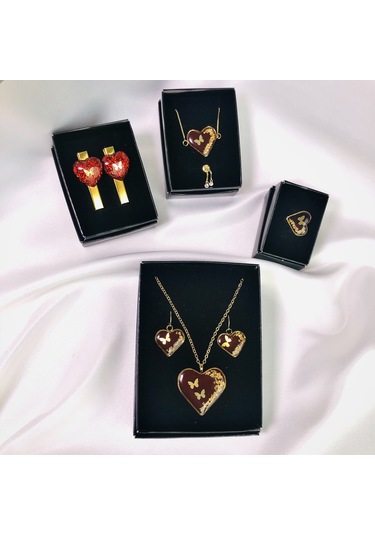 Altın Kaplama Çelik Kolye Küpe Bileklik Yüzük ve Saç tokası Set Altın