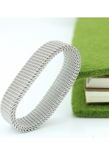 Chavin Bayan Erkek Esnek Gri Çelik Örgü Yüzük N48 Beyaz