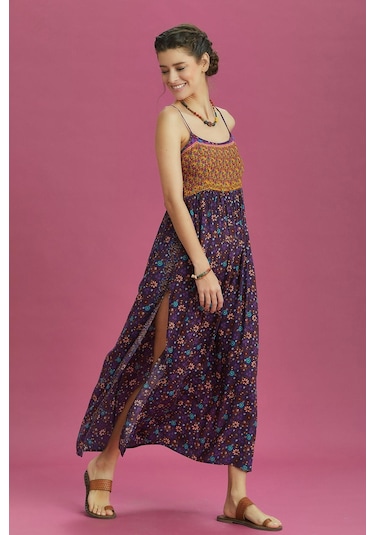 Askılı Yırtmaçlı Çiçekli Robadan Elbise 001