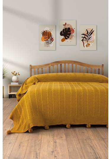 Sevim Çift Kişilik Ponponlu Triko Örme Battaniye - Yumuşak Doku & Şık Tasarım - Mint Yeşili - 220x240 Cm Hardal Hardal