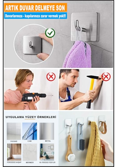 2'li Kendinden Yapışkanlı Paslanmaz Banyo Askısı / Havlu Askısı Çelik