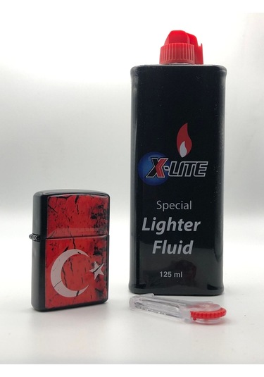 Türk Bayrağı - Benzinli Çakmak X-lite Benzin Gazı 120 Ml Ve 5'li Çakmak Taşı Hediyedir
