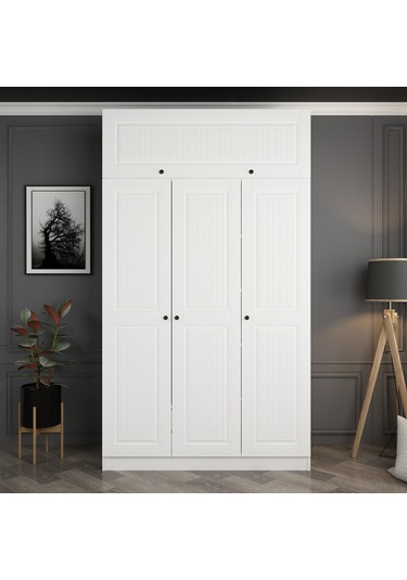 Minar Kale 3 Mebran Kapaklı 2 İç Çekmeceli Dolap Ve Yüklük Beyaz 235cm Beyaz