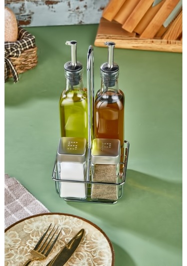 Cooker 5 Parça Standlı Cam Yağdanlık Sirkelik Sosluk Baharatlık Seti Ckr1228 Gri