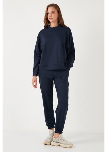Lela Streç Bisiklet Yaka Oversize Fit Scuba Bayan Sweat 5865879 Lacivert