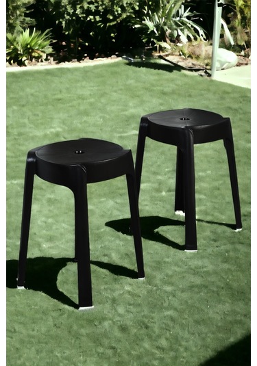 İronika Kaymaz Ayaklı Dekoratif İç İçe Geçebilen Plastik Tabure Mutfak Bahçe Taburesi 4 Adet Siyah