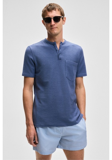 ERMAC Erkek Hakim Yaka Düğmeli Kısa Kol İndigo T-Shirt