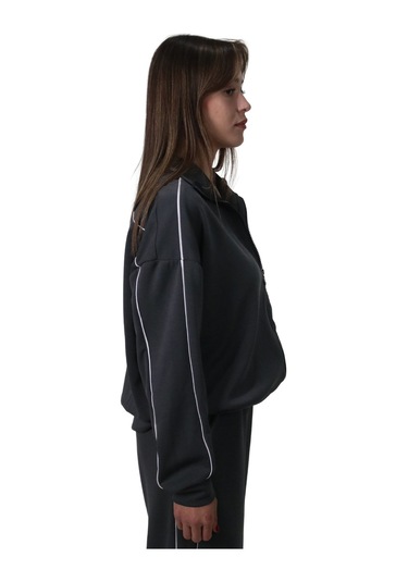 Kadın Modal Kumaş Kontrast Detaylı Rahat Kalıp Antrasit Ceket Hırka Antrasit