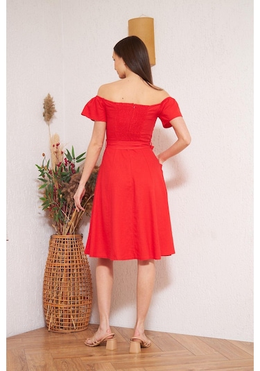 Darlin Moda Kırmızı Omzu Açık Elbise Dm1008 Kırmızı