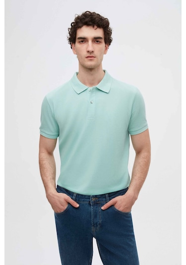 Ds Damat Regular Fit Açık Turkuaz Pike Dokulu %100 Pamuk Kıvrılmaz Polo Yaka Nakışlı T-Shirt 4HC14ORT51000 Turkuaz