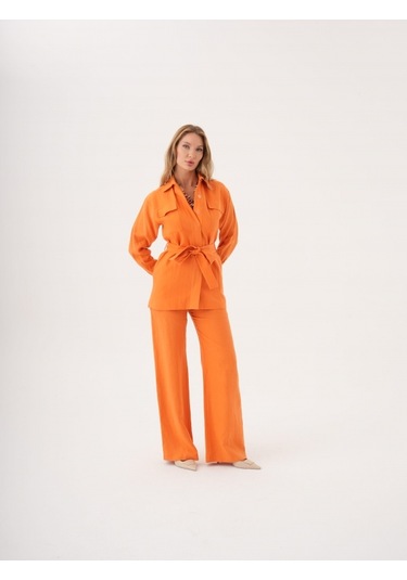 Kuşaklı Düz Form Keten Ceket Orange