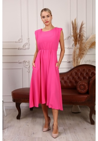 Aymeravm - Beli Büzgülü Kalın Askılı Kadın Elbise - Mas0938Ga