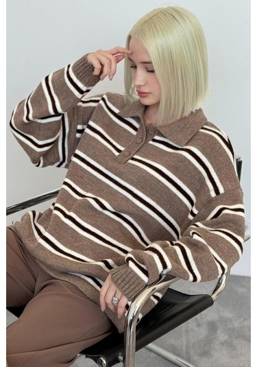 Vizon Polo Yaka Çizgili Kadın Triko Kazak Mg2469 Vizon