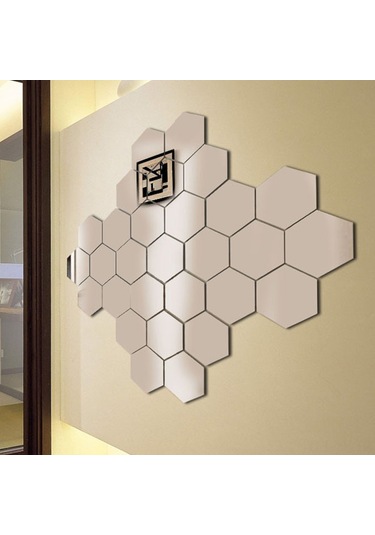 Yifomall Büyük Boy 18.4x18.4 Cm Gümüş Akrilik Ayna Duvar Sticker, 12 Adet Altıgen Kare, Oturma Odası Koridor Dekorasyon, Yansıtıcı Fonksiyonlu Duvar Aksesuarı Diğer