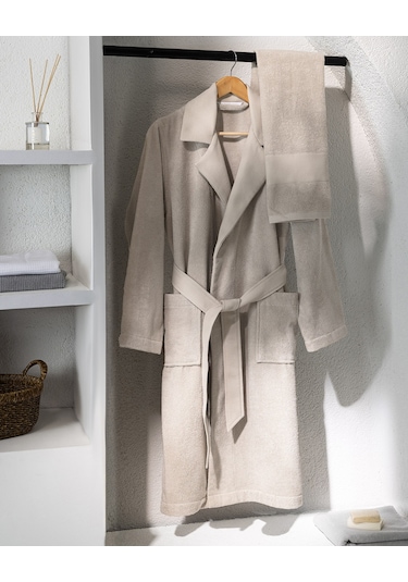 Carole Unisex %100 Pamuk Bornoz Set - Bej - Lüks Koleksiyon Ekru