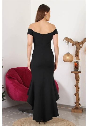 Dipmoda Kadın Kayık Yaka Düşük Omuz Eteği Volanlı Abiye Elbise Swll01 Siyah