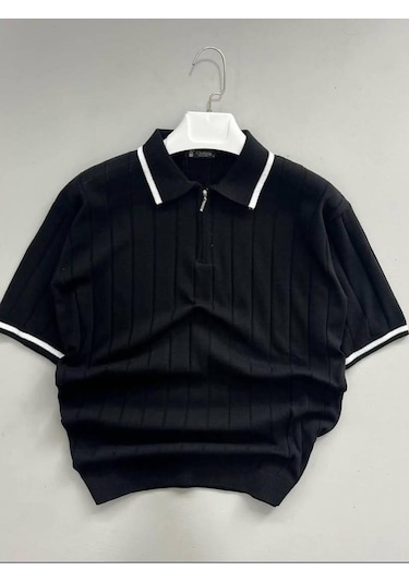 Fermuarlı Polo Yaka Kısa Kollu Triko T-shirt SIYAH