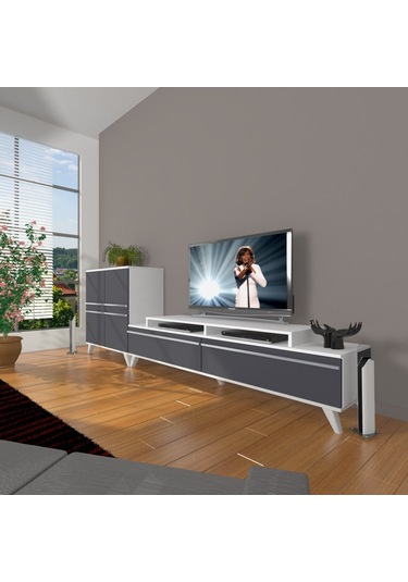 Decoraktiv Ekoflex On Mdf Retro Tv Ünitesi Tv Sehpası Beyaz - Antrasit