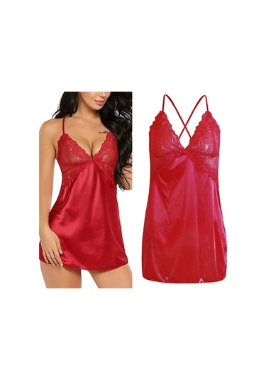 Dolıty Kadın Babydoll İç Giyim Dantel Askılı Pijama T-sırt Kırmızı L Kırmızı