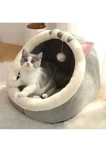 Honeybeeshop Katlanabilir Taşınabilir Küçük Ayı Karakterli Kedi Mağarası Rahat Süngerli Kedi Evi Yatağı