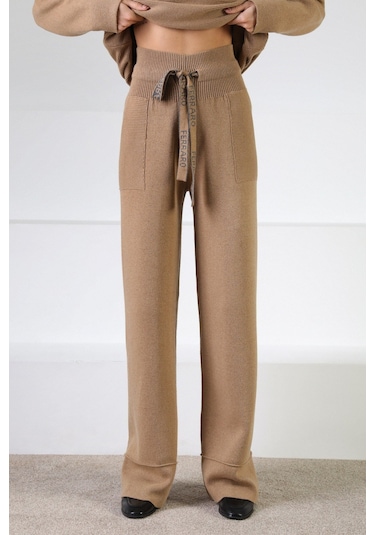 Ferraro Camel Beli Kuşaklı Cepli Kaşmirli Kadın Triko Pantolon Camel