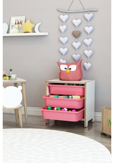 3 Sepetli Çok Amaçlı Oyuncak Dolabı Mdf Pembe Pembe