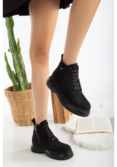 Jiwa Siyah Süet Bağcıklı Bot Çok Renkli