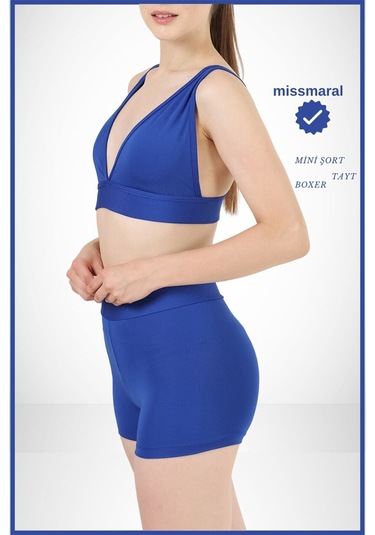 Kadın Mavi Yüksek Bel Toparlayıcı İç Göstermeyen Boxer Şort Deniz, Havuz & Günlük Kullanım İçin Saks Mavi