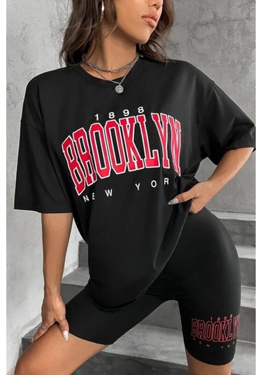 Modagen Kadın Oversize Siyah Brooklyn New York Baskılı Tshirt Tayt Takım Siyahk