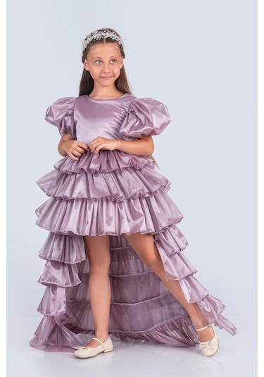 Volanella Taçlı Kız Çocuk Abiye Çift Tarz, Tek Elbise. Lila