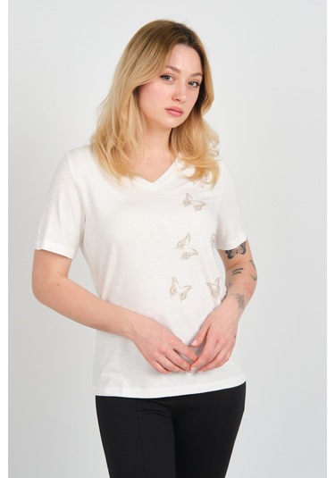 Ella Camelia Kadın Kelebek Şekilli Taş Süslemeli V Yaka Kısa Kollu Bluz 24e047 Ekru Ekru