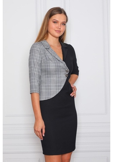 E.T.'S Element'S Kadın Siyah Beyaz Ekoseli Ofis Elbisesi Siyah