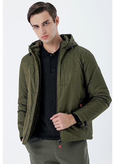 Koyu Haki Dik Yaka Astarlı Slim Fit Dar Kesim Casual Mont 1007235161-Koyu Haki