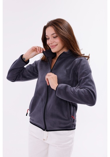 Monox Kadın Slim Fit Tam Fermuarlı Polar Ceket Füme