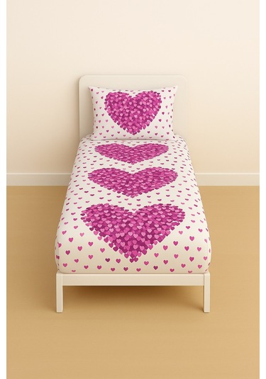 Desenli 120lik Pembe Kalp Lastikli Çarşaf Ve Yastık Kılıfı Mor