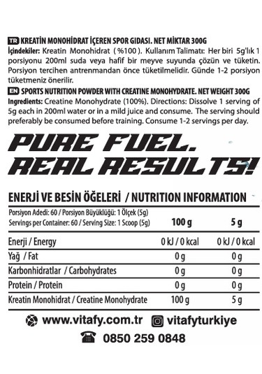 Vitafy Creatine 60 Servis Aromasız  300 G