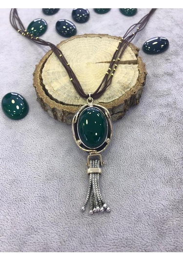 Yeşil Akik Taşlı Gümüş Kolye 925 Ayar 512655437