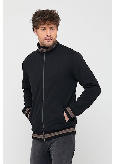 Comeor Erkek Siyah Regular Fit Dik Yaka Fermuarlı Uzun Kollu Hırk Siyah
