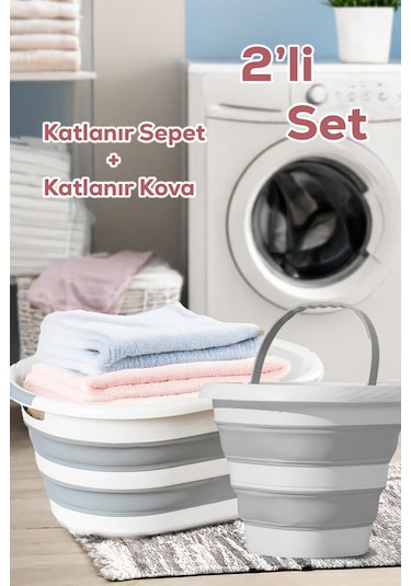 Porsima 2li Katlanır Temizlik Seti - Katlanır Sepet 25lt - Katlanır Kova 10lt Beyaz - Gri