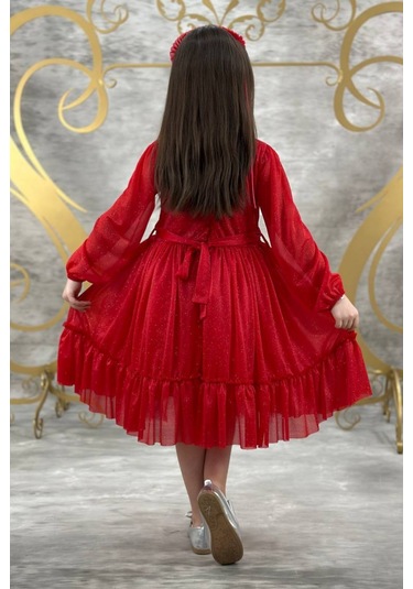 Zarif Simli Kız Çocuk Kırmızı Elbise 001