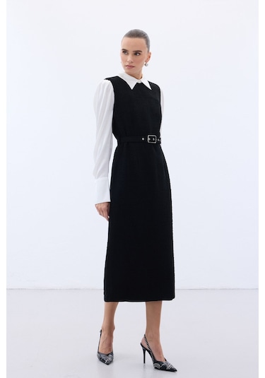 Sateen Kemerli Tüvit Elbise - Siyah-136575 Siyah