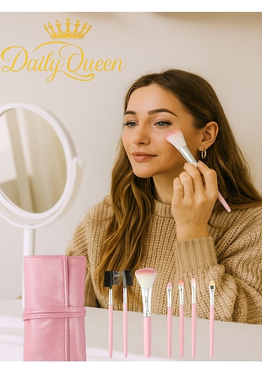 Daily Queen 7 Parça Makyaj Fırça Seti Penbe Deri Çantalı Lüx Ve Kaliteli
