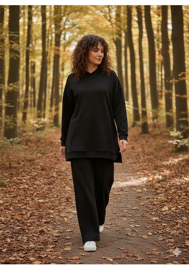 Soft&Basic Kapüşonlu Yanları Çıt Çıt Detaylı Sweatshirt Ve Nervürlü Pantolon Alt Üst Takım Siyah