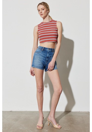 Regular Fit Normal Kesim Bisiklet Yaka Kolsuz Çizgili Crop Bluz Renkli