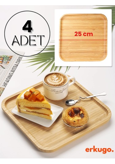 4 Adet Bambu Kare Servis Tabağı, Sunum Seti 25x25 Cm Bambu