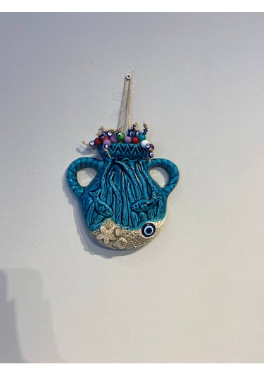 El Yapımı Nazar Boncuğu, Duvar Dekorasyon Ürünü, Seramik, El İşçiliği, Turkuaz Renkte Saksı Desenli -
