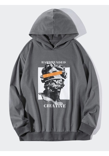 Erkek Gri Zeus Baskılı Oversize Kapşonlu Sweatshirt Calıfornıa1998Sweat Gri