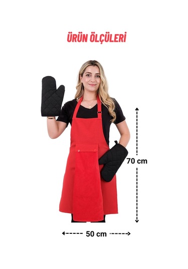 Star Ayar Askılı Havlulu 4lü Mutfak Önlüğü Seti 2 Eldiven Kırmızı-kırmızı-siyah